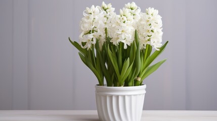 White hyacinth flowers grow in a pot. A delicate, beautiful spring flower. A fragrant, lush flower. The concept of spring, Women's Day.