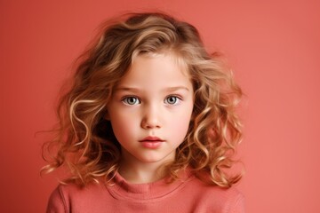 Portrait of a cute little girl with blond curly hair on a red background.