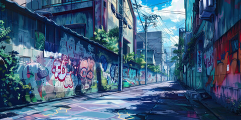 Anime urban street wall, city background graffiti illustration graphic, empty streets, generated ai	
