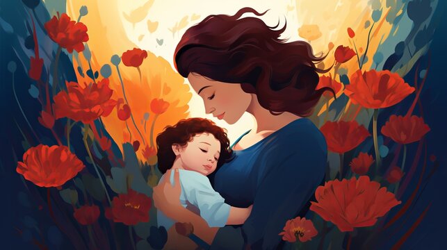 Illustration of mother with her little child, flower in the background, mother day daughter, copy space for text, Generative ai
