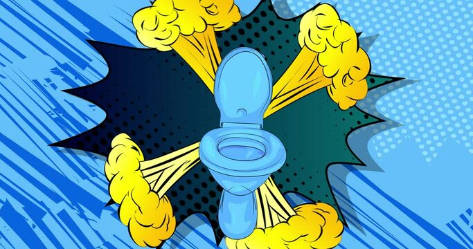 Cartoon Flush Toilet, comic book Restroom video. Retro comics pop art design animation.