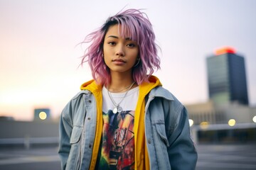 Beautiful young woman with pink hair in the city at sunset.