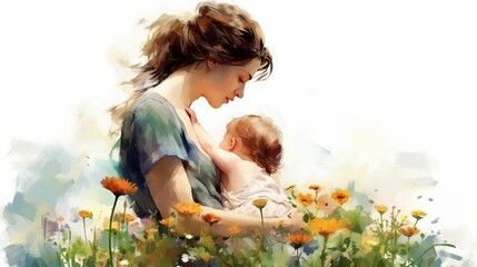 Illustration of mother with her little child, flower in the background, mother day daughter, isolated on white background, Generative ai - obrazy, fototapety, plakaty