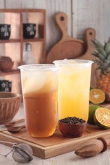 fresh orange juice with ice cubes