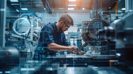 With a keen eye for detail, the expert engineer operates the lathe machine, sculpting the metal workpiece to perfection while harnessing the power of a HUD graphic control 