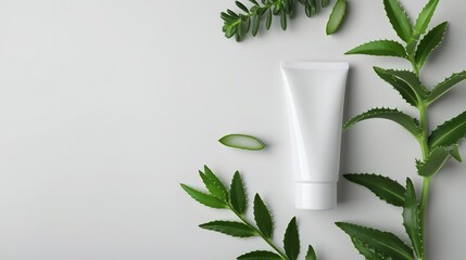 Top view of a white facewash mockup design kept with leaves with space, Generative AI.