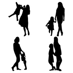 Mother and Daughter Silhouette In Various Pose. Isolated On White Background