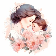 Illustration of mother with her little child, flower in the background, mother day daughter, isolated on white background, Generative ai