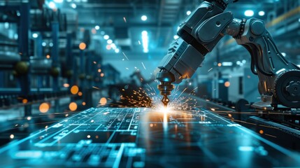 As the robotic arm moves gracefully, sparks fly, symbolizing the intricate dance of modern machinery in steel manufacturing - obrazy, fototapety, plakaty