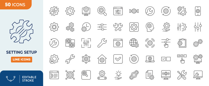 Setting setup set  line editable icon set. Editable stroke. Vector illustration	