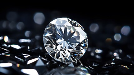 Brilliant cut diamonds sparkle intensely, scattered on a reflective surface with a soft focus on...