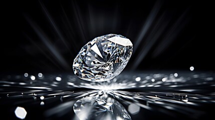 Brilliant cut diamonds sparkle intensely, scattered on a reflective surface with a soft focus on...