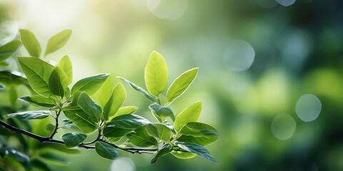 Fototapeta na wymiar Close up of green leaves on blurred greenery background with sunlight.