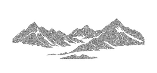 Stippled grain mountain range illustration. Dotted landscape terrain silhouette. Black white grainy hill chain. Grunge noise mount peak background. Pointillism texture wallpaper. Dot work style vector