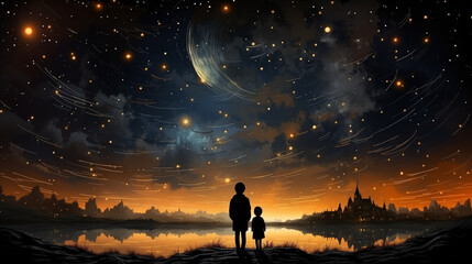 Sous un ciel étoilé, deux amis partagent une couverture et des rêves, pointant vers les constellations, se promettant d'explorer ensemble l'infini. - obrazy, fototapety, plakaty