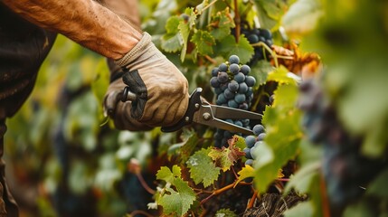 Vine growers are skilled farmers who use scissors to neaten up the vineyard and space, Generative AI. - obrazy, fototapety, plakaty