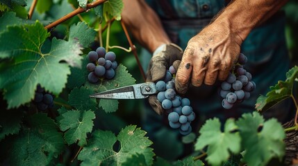 Vine growers are skilled farmers who use scissors to neaten up the vineyard and space, Generative AI.