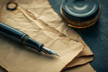 A classic fountain pen resting on a piece of crumpled parchment paper, evoking a sense of history...