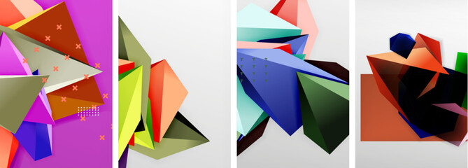 Trendy low poly 3d triangle shapes and other geometric elements background designs for wallpaper, business card, cover, poster, banner, brochure, header, website