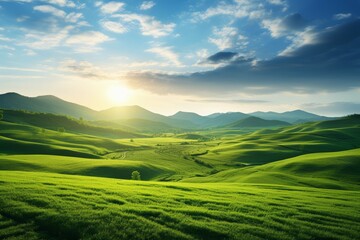 Panoramic view of sunlit green rolling hills under a clear sky.