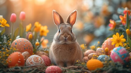 Fototapeta na wymiar Easter bunny among festive eggs and spring flowers