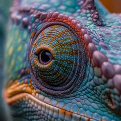 A macro shot of a chameleon's colorful eye, showcasing the intricate scale patterns and vibrant hues.