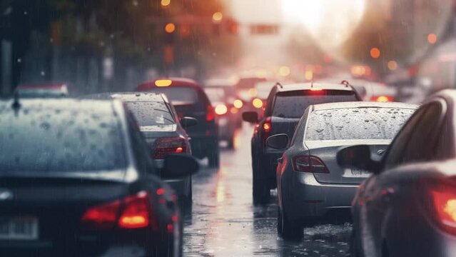 rain in the city. abstract blurred background of traffic jam on heavy  rain. seamless looping overlay 4k virtual video animation background 
