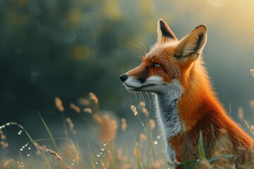 A serene portrait of a red fox bathed in the golden light of morning, capturing its alertness and wild elegance. - obrazy, fototapety, plakaty