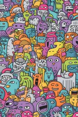 Illustration of colorful doodle crowd cute alien and monster Created with Generative AI technology.