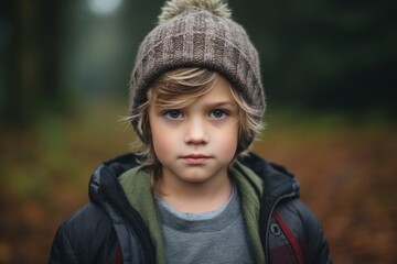 Portrait of a cute little boy in a knitted hat in the autumn forest