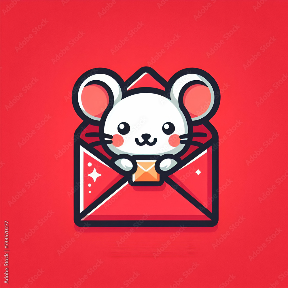 Wall mural flat logo of chibi mouse isolated on a red lucky envelope background