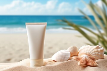 Fototapeta na wymiar Sunscreen lotion, sea shells and starfish on sandy beach. Summer beach, vacation concept, UVA and UVB protection cosmetics. Mock up, copy space.