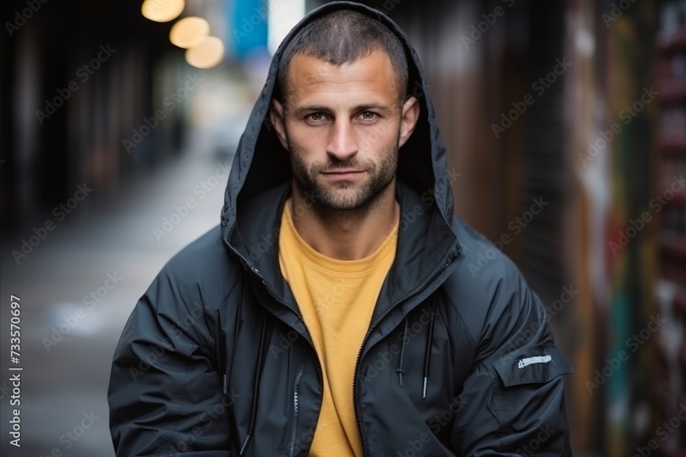 Wall mural Portrait of a young man in a winter jacket on a city street