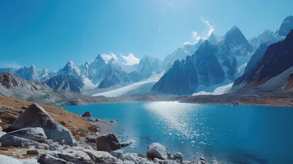 Tuinposter Scenic views of mountain glaciers and their pristine lakes © Veniamin Kraskov