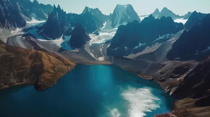 Foto op Canvas Scenic views of mountain glaciers and their pristine lakes © Veniamin Kraskov