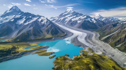 Foto op Plexiglas Scenic views of mountain glaciers and their pristine lakes © Veniamin Kraskov
