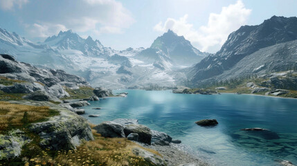 Naklejka na ściany i meble Scenic views of mountain glaciers and their pristine lakes