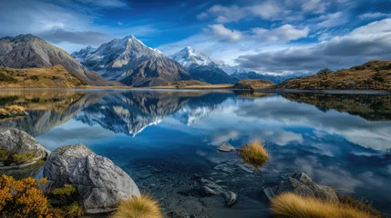 Foto op Canvas Scenic views of mountain glaciers and their pristine lakes © Veniamin Kraskov