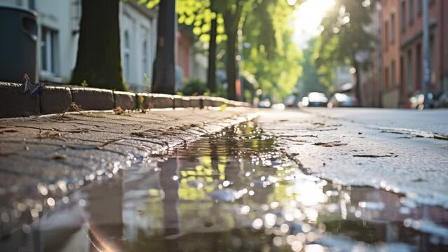 street sidewalk with water puddles after heavy rain. seamless looping overlay 4k virtual video animation background 
