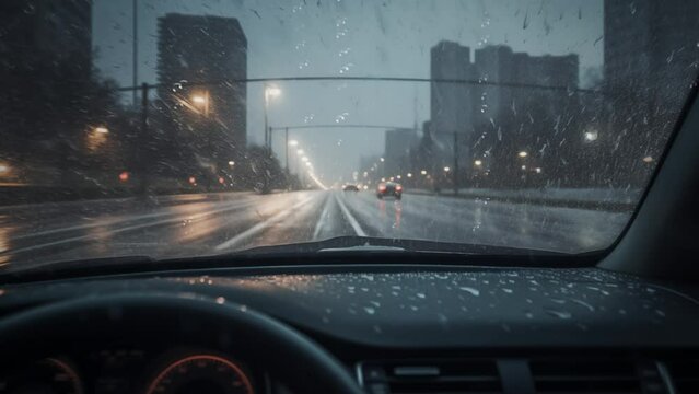 view from the car windscreen during rain and wet. car driving in the city. seamless looping overlay 4k virtual video animation background 