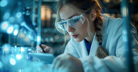 woman in chemistry lab drawing a triglyceride diagram close up