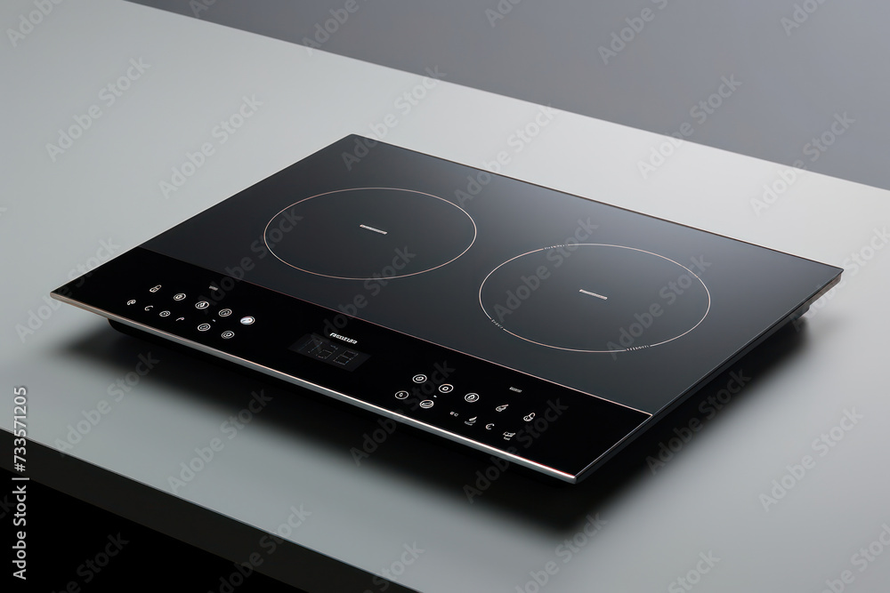 Wall mural modern kitchen appliance: sleek black induction cooktop with touch control panel on white ceramic gl - Wall murals