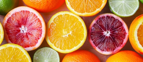 Fototapeta premium A variety of citrus fruits including Valencia oranges, tangerines, clementines, and Rangpur limes are displayed on a table as natural foods ingredients.