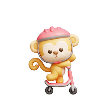 3D cute monkey bear playing scooter, cartoon animal character, 3d rendering.