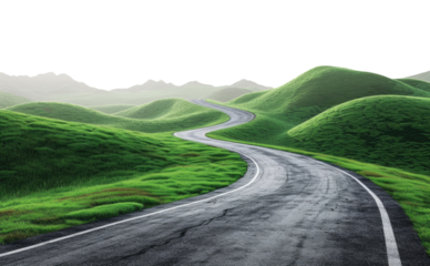 Asphalt road among the green hills isolated on transparent background