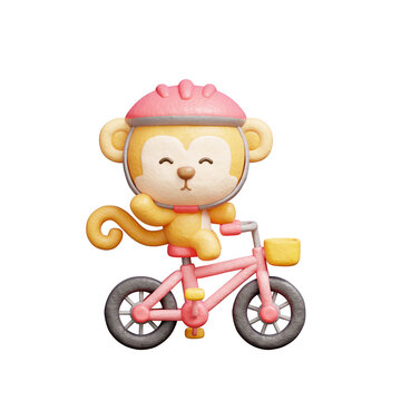 3D cute monkey riding bicycle, cartoon animal character, 3d rendering.