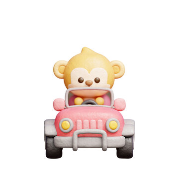 3D cute monkey driving car, cartoon animal character, 3d rendering.