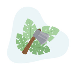 Axe flat design vector Illustration Icon decorated with leaves for web use for lumberjack, firefighter, sharp, wooden, handle 