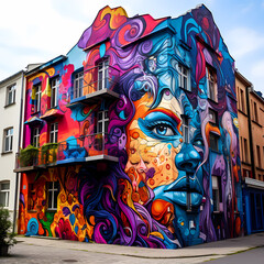Vibrant street art on the side of a building. 
