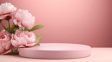 Creative composition for product advertising. Empty round podium platform stand for beauty product presentation and beautiful peonies flowers around on pink background. Front view